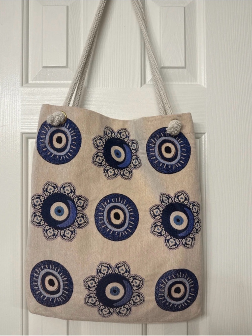 Neutral Canvas Tote with Blue Evil Eye Embroidery
